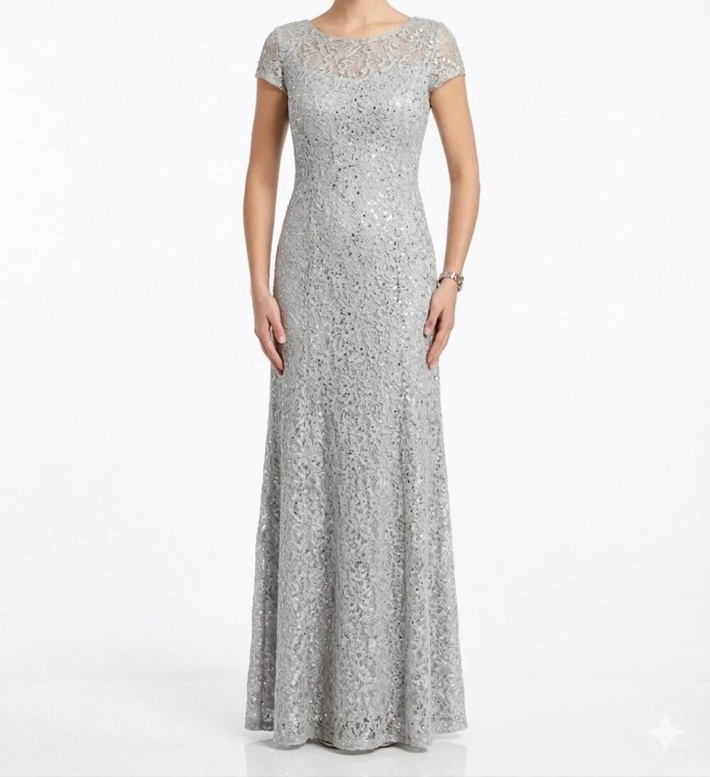 NWT Alex Evenings Silver Short Sleeve Lace Maxi Dress Size 8